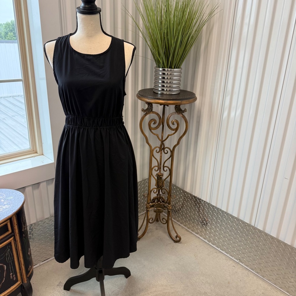 Zella Sleeveless Midi Dress Women Small Black Excellent Drawstring Waist Pockets